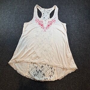 Others Follow Lace Back Embroidered Pom Pom Trim Tank Top Beige Red size large